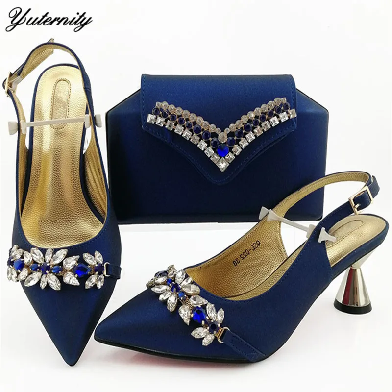 

2020 High Quality Fashion Rhinestone Woman Evening Shoes And Bag Set Italian Style PU High Heels Shoes And Bag Set For Party