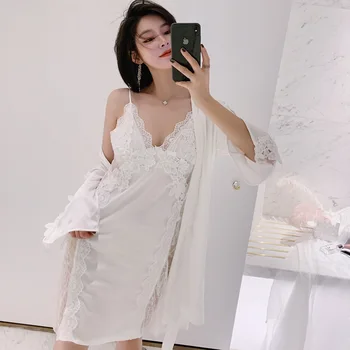 

2020 Sexy Women's Pajamas 2Pcs Sexy Ice Silk Lace Pijama Nightie Sleepwear Nightgowns Sleepshirts Robe халат женский