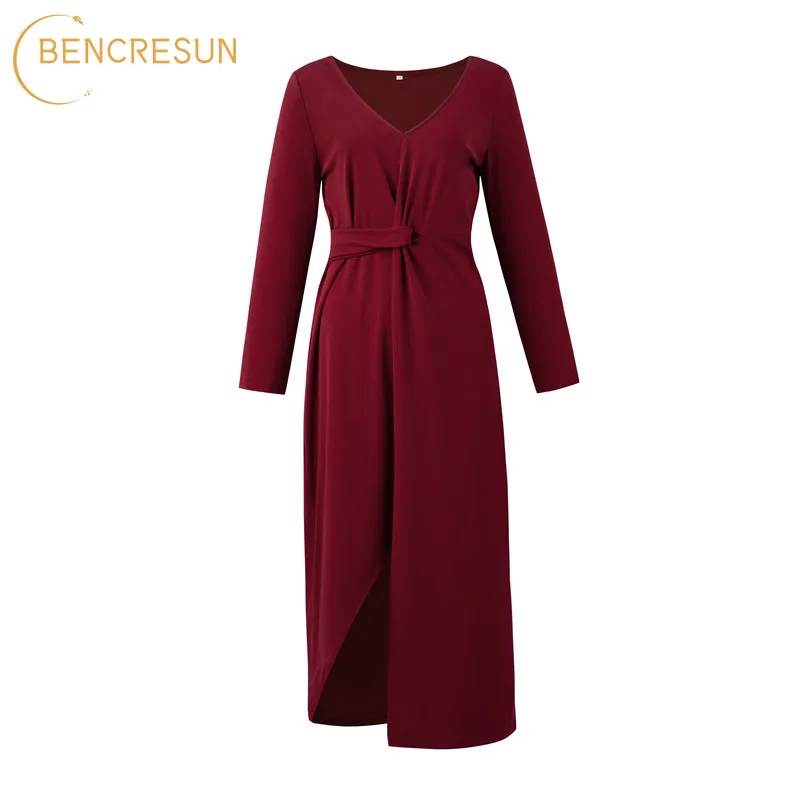 Women's Pullover Wrap Dress Spring Autumn V-neck Long-sleeved Lace Slim Fashion Style Casual Wine Red Green Black Female | Женская