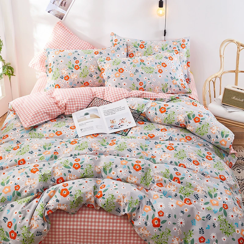 

4pcs Bedding set 100% Cotton Flat Sheet Pillowcase Duvet Cover Sets Floral Print Adults Children Flower