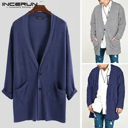 INCERUN/2019 длинное модное тонкое пальто для мужчин, осеннее пальто с длинными рукавами, новый большой v-образный вырез, Однотонный свитер