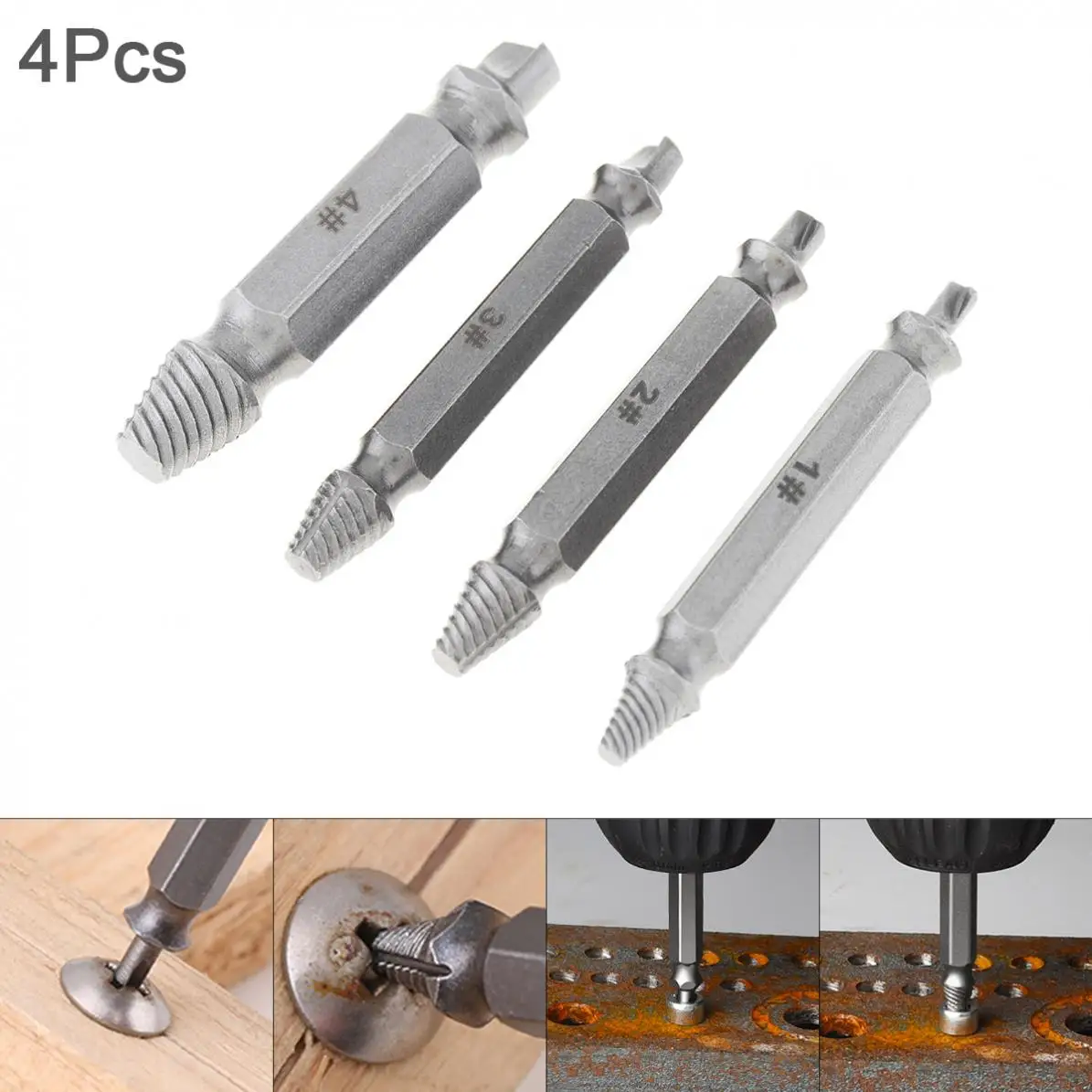 

4pcs/set S2 Alloy Steel Screw Extractor Drill Bit Tool with Hexagon Handle and Double Side for Broken / Damaged Bolt Stud