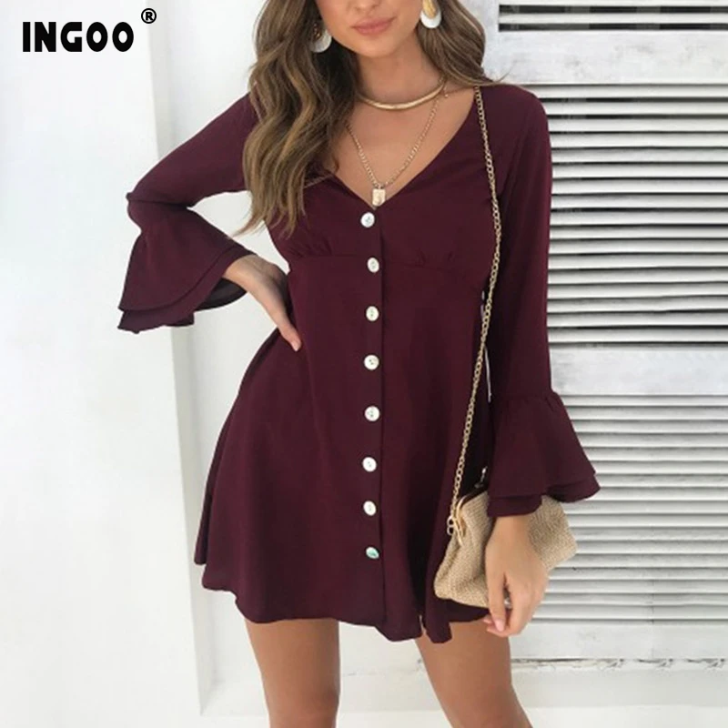 INGOO 2019 осень короткий рукав-бабочка Платье женское сексуальное модное v-образным
