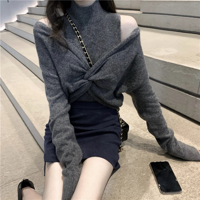 2020 Spring New Women Sweater Stand Collar Knitted Vest +long Sleeve 2 Piece Crossed Sexy Cute Knitwear Sueter Mujer | Женская одежда