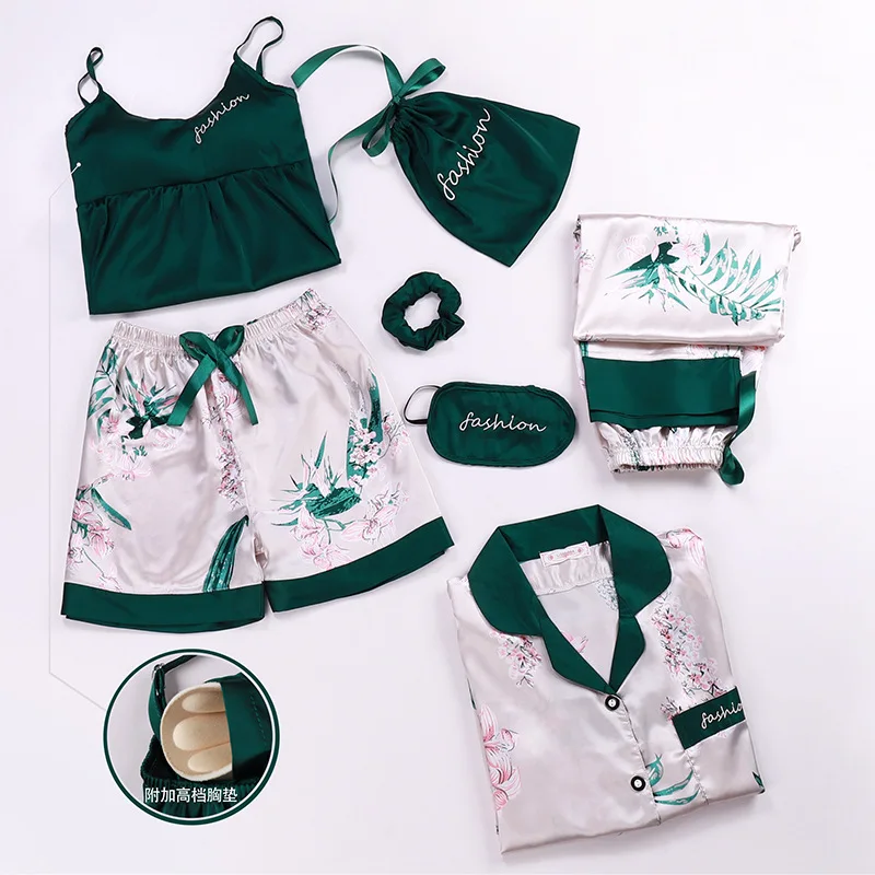 

(With Chest Pad) Spring And Autumn Summer Leaf Imitated Silk Fabric Seven Sets Pajamas Women Long Sleeve Sweet Fresh Home Wear