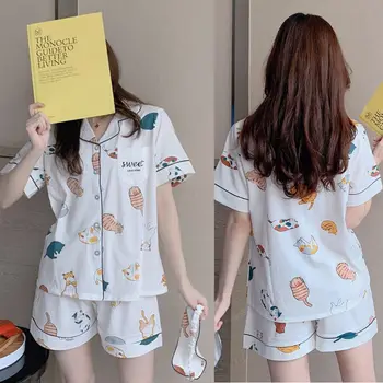 

Women Summer Cotton Pajamas Set Kawaii Meow Cat Short Sleeve Sleepwear Nightwear