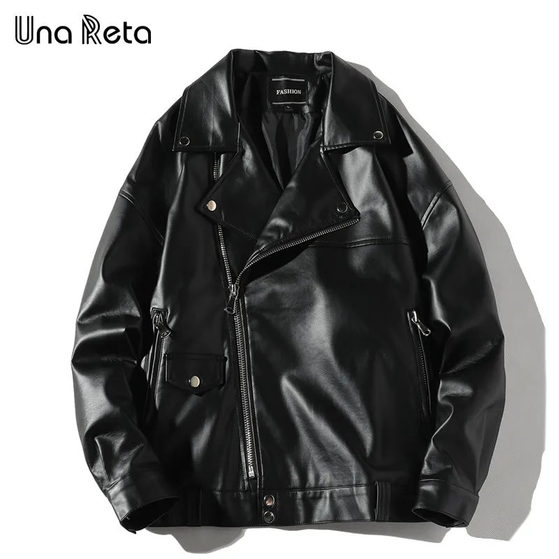 Una Reta/куртка из искусственной кожи, Мужская Новая Осенняя уличная куртка на молнии, мужская кожаная куртка с карманами, черное пальто, байкерская куртка в стиле хип-хоп - Цвет: Черный