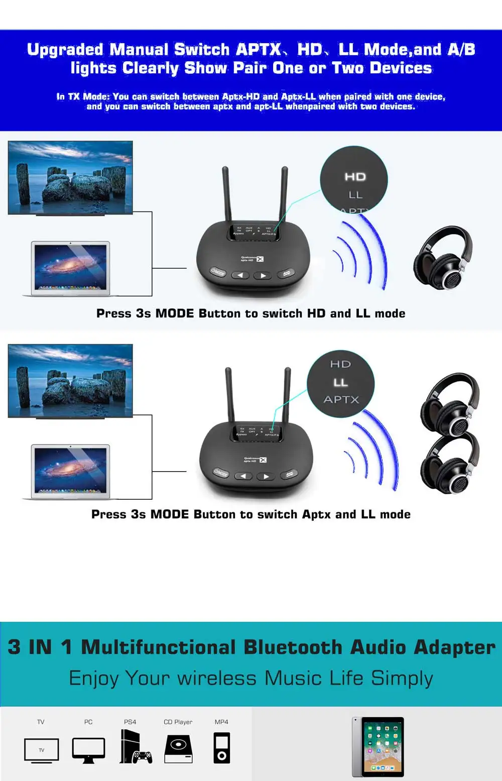 3 в 1 80 м Bluetooth 5,0 аудио передатчик приемник CSR8675 aptX HD& apt-X LL беспроводной адаптер для ТВ ПК, Оптический RCA AUX 3,5 мм