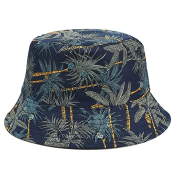 

Two Side Reversible Coconut Tree Bucket Hat Unisex Printing Hip Hop Hat for Women Men Panama Cap Summer Fisherman Hat Black Blue