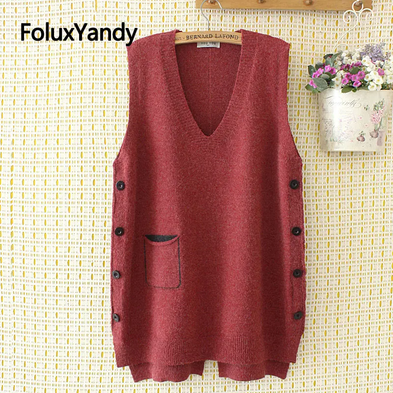 Knitted Vest Buttons Black Blue Plus-Size Women Sleeveless V-Neck Casual Red KKFY4372