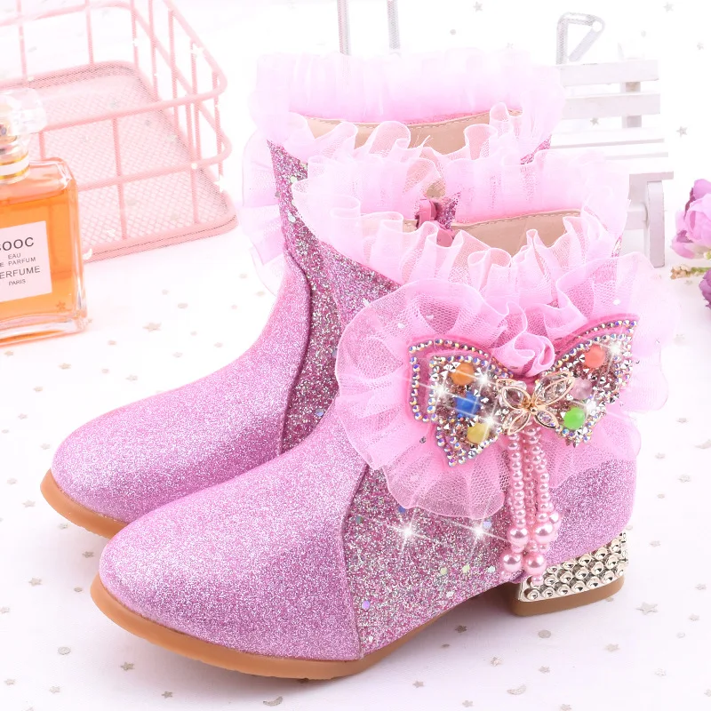 Stivaletti Glitterati Per Bambina Con Tacco Piccolo E Punta Affilata, Fodera Morbida E Suola Antiscivolo – Caldi E Comodi Per L'Inverno