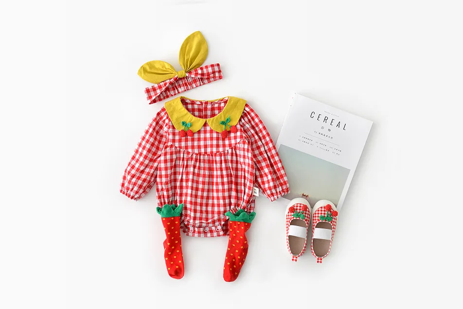 Autumn Infants Little Children Climbing Clothes Newborn Baby Plaid Doll Collar Cherry Cotton Jumpsuit with Bow Knot Headband Top