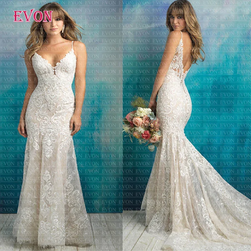 Vestido De Noiva пикантные тонкие бретельки с v-образным вырезом Кружева Русалка Свадебные платья индивидуальный заказ спинки Бохо украшенное бисером свадебное платье - Цвет: Шампанское