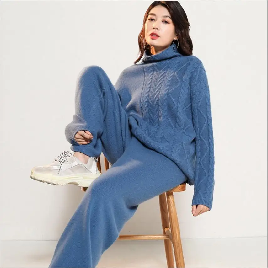 Luxury two pieces 50% cashmere+ 30% wool suits female high collar warm mink cashmere Knit tops+ wide leg wool pant sets F788