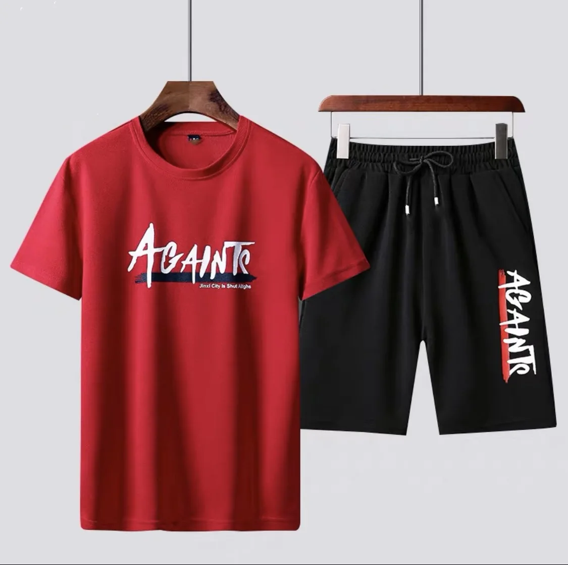 

2020 summer Korean version of tight-fitting super soft fabric printed short-sleeved T-shirt two-piece cool men's sports suit