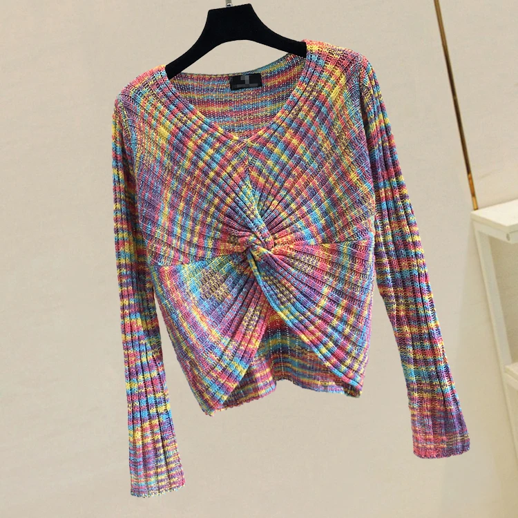 

Autumn and winter new V-neck trumpet sleeve sweater women's rainbow knotted shirt bottoming sweater short paragraph umbilical