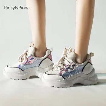 

2019 autumn new gg women sneakers genuine leather mesh shining bling thick bottom platform street casual shoes ladies footwear