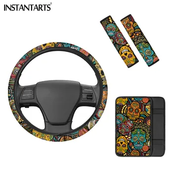 

INSTANTARTS Waterproof Car Interior Gothic Skull Prints Armrest Box Cover Easy Installation Suitable for Most Cars 4pcs Washable