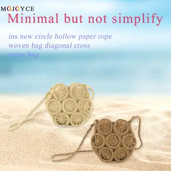 

Women Round Woven Shoulder Bag Straw Hollow Beach Small Messenger Handbags