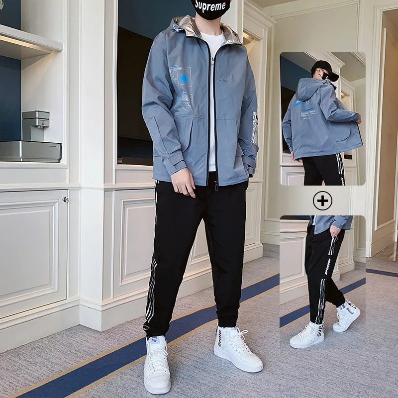 

2019 Spring And Autumn Men Sports Leisure Suit Coat Capri Pants a Set of INS Trend Men'S Wear Students Two-Piece Set