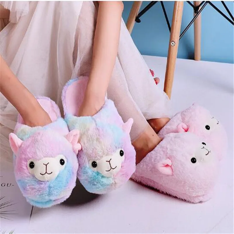 Women's Winter Cartoon Cotton Shoes Indoor Warm Sheep Plush Slippers Woman Fur Slides Cute Furry Animal Shoes Ladies Flip Flops