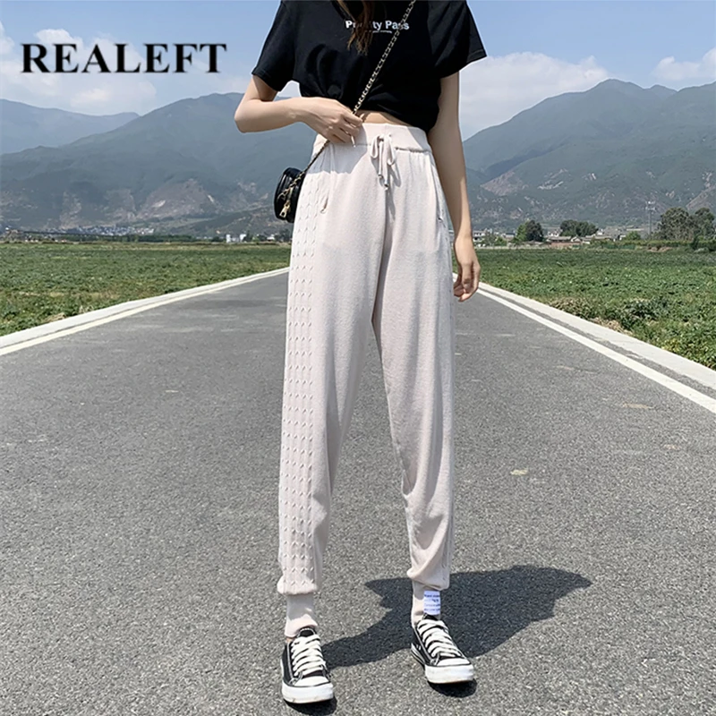 

REALEFT 2021 новая коллекция весна-осень, Хлопковые женские спортивные брюки вязанный с высокой талией на шнуровке ботильоны-Длина штаны рисунок повседневные брюки леди