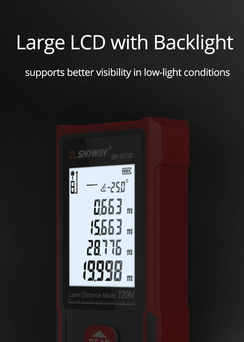 SNDWAY Digital Laser Distance Meter 120m 100m 70m 50m Laser Rangefinder Range Finder Measure Tape Tools Electronic Angle Ruler