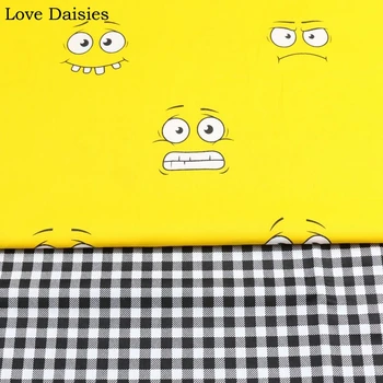 

100% Cotton Cartoon Cute YELLOW Emoticon Grimace Black 5MM Check Twill Fabrics for Kids Bedding Sheet Apparel Home Decor Craft