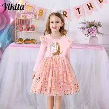 

VIKITA Girls Princess Dress Unicorn Sequins Long Sleeve Autumn Dress Kids Birthday Party Wedding Tulle Dresses Children Clothing