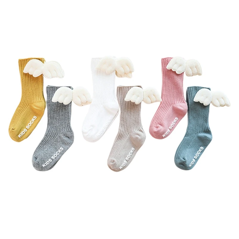 Носки с крылом ангела для маленьких девочек, высокие носки для малышей, хлопковые нескользящие носки для новорожденных, однотонные гетры для малышей, детские носки для девочек