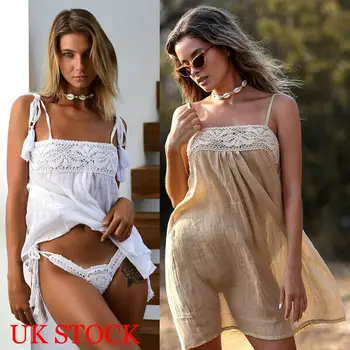 

Women Holiday Lace Strap Beach Dress Summer Ladies Cotton Line Sleeveless Beach Cover Up pareo dress Beach Wear 2020 One Size