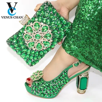 

Green Color New Fashion Nigerian Style Slippers And Bag Set Summer Woman High Heels Shoes And Bag Set For Evening Party