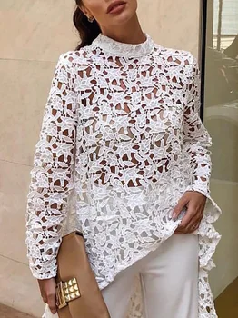 

BONJEAN 2020 Irregular Shirt for Women Summer Tops and Tees Long Sleeve See-Through White T Shirt Loose Lace Shirts BJ1402