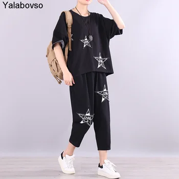 

Two-piece Suit Tracksuit Women Two Piece Outfits New Loose Simple Star Sticker Bat Sleeve Foreign Style Casual Short Sleeve