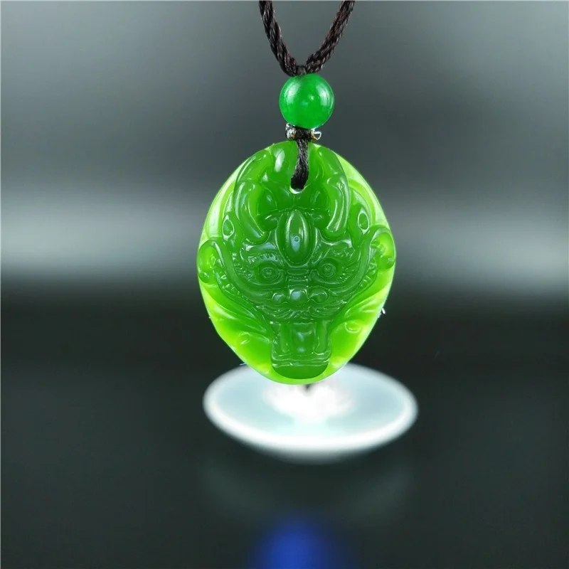 Китайский кулон с зеленым нефритовым Головой Дракона ожерелье бусинами