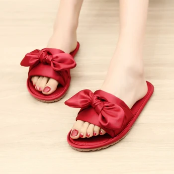 

Women slippers summer new silk satin Slides Bow Flip Flops Comfortable Flat Shoes Casual Beach Slides Wedding shoes