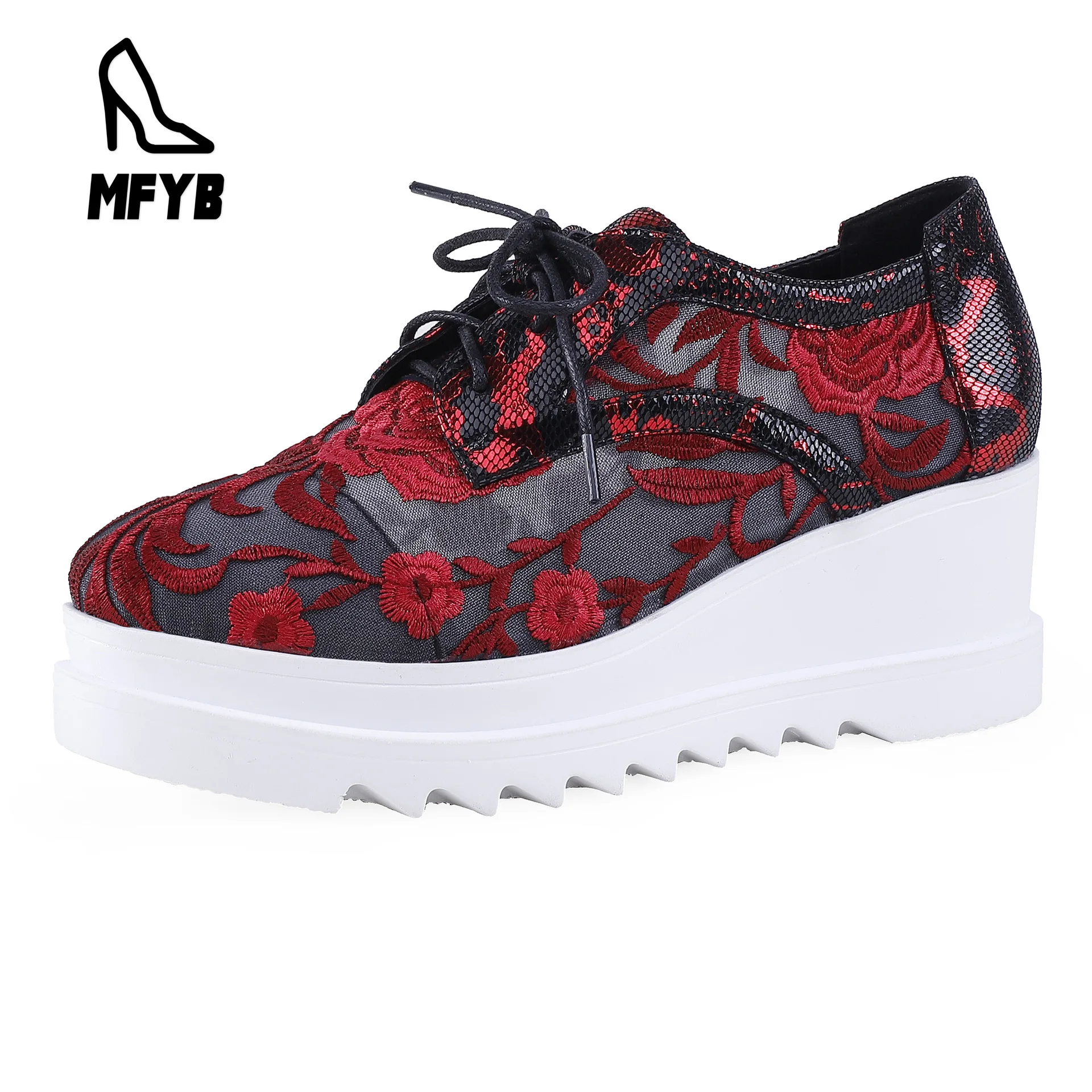 

MFYB Women's single shoes 2019 autumn wedge high heel waterproof platform embroidered leather cross strap single shoes