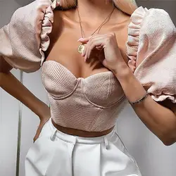 Hirigin Новые Модные женские сексуальные Однотонные блузки женские повседневные короткие рубашки с буфами на рукавах женские обтягивающие