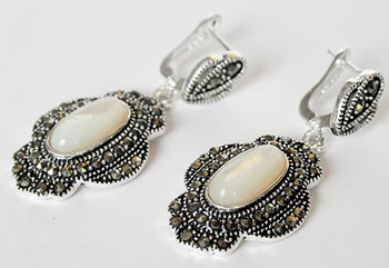 

VINTAGE NATURAL WHITE SHELL 925 &MARCASITE EARRINGS 11/2" VALENTINE'S GIFT natural Luxury Ms. girl Wedding Jewelry