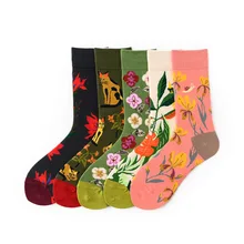 Новинка, хлопковые носки для женщин, креативные, цветные, с цветочным узором, дышащие, впитывающие пот носки средней длины