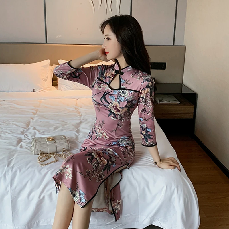 Китайское платье с цветочным принтом, платье в восточном стиле, qipao, улучшенное, cheongsam, сексуальное, qipao, Платья для вечеринок, униформа для ночного клуба - Цвет: color1