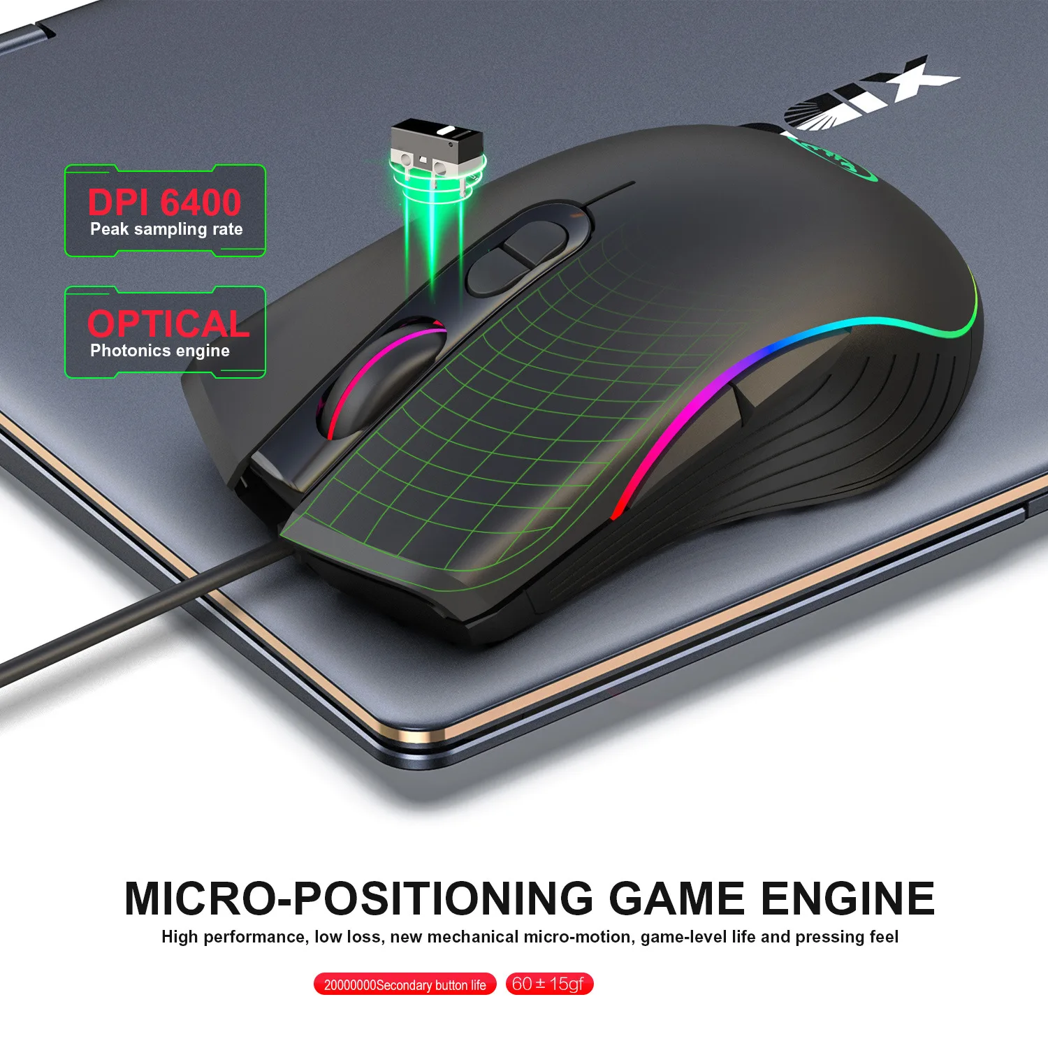 Профессиональная Проводная игровая мышь, 6400 dpi, регулируемая электронная геймерская мышь, светодиодный, оптическая, Sens, для ноутбука, компьютера, игровой мыши