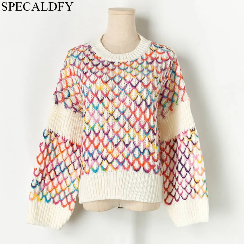 

2019 Autumn Winter Sweater Women Colorful Plaid Crochet Sweaters Female Runway Knitted Pullover Jumper Pull Femme Sueter Mujer