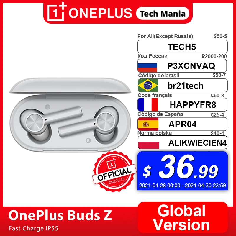  OnePlus Buds Z Глобальная версия Беспроводные наушники Официальный магазин OnePlus TWS Bluetooth 5 Быстрая зарядка IP55 для OnePlus 8T Nord N10; code: P3XCNVAQ(200₽ от 2000…