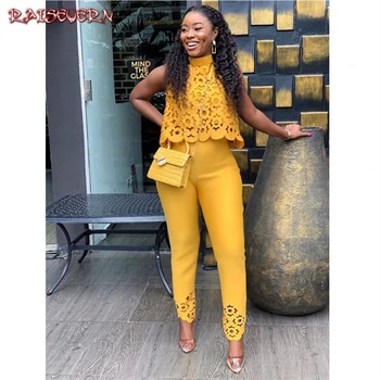 

Summer Autumn Womens Two Piece Sets 2019 Lace Hollow Out Crop Top & Pants Set Elegant Suit Lady Office Work Party Outfits 2019