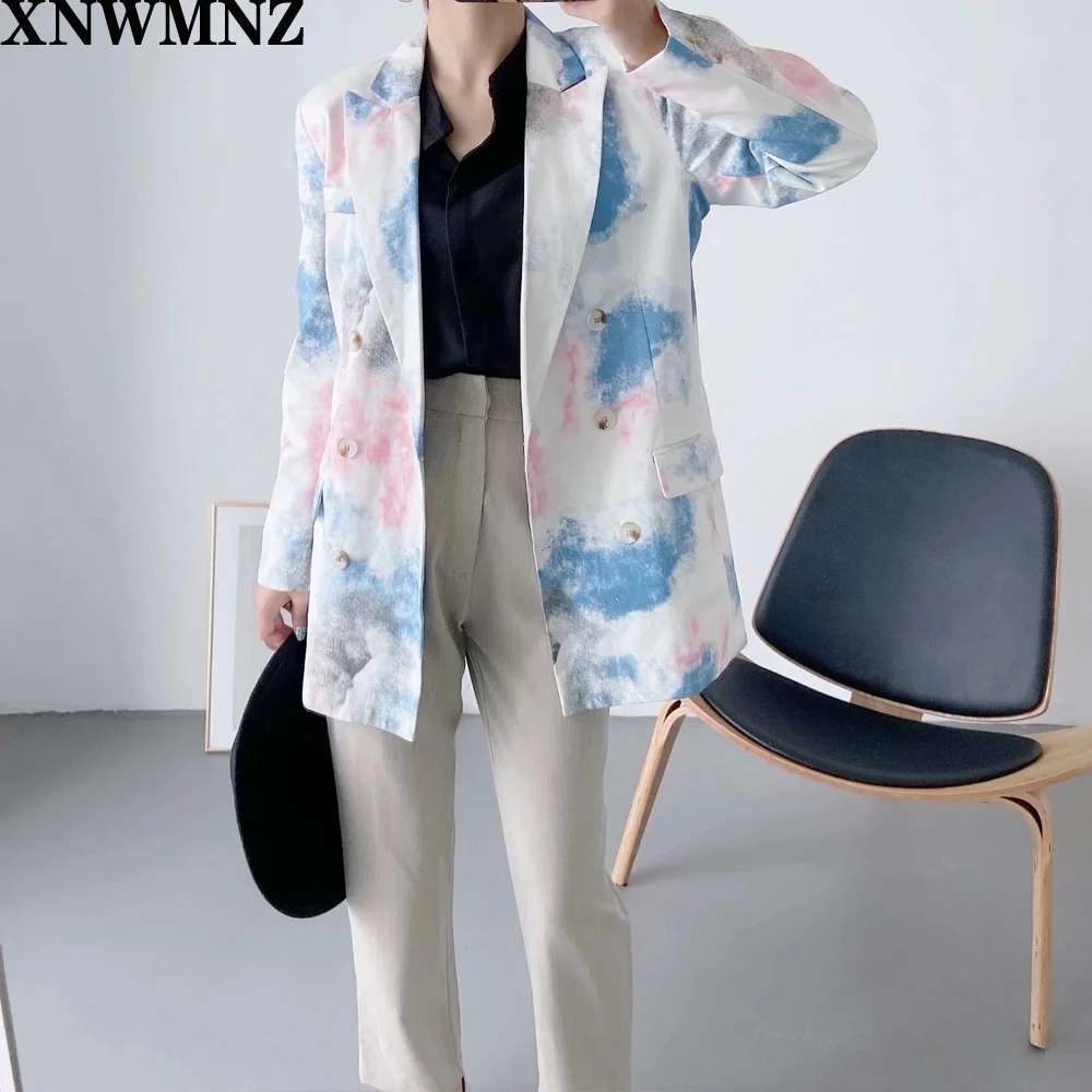 

XNWMNZ New women vintage tie dying blazer female double breasted long sleeve pockets causal stylish outwear suit coat tops