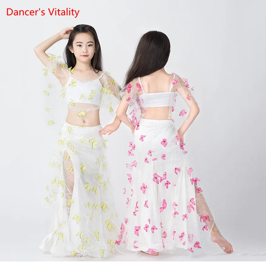 Профессиональный костюм для танца живота, для девочек, для детей, для восточных танцев, для выступлений, юбка с Боковым Разрезом, 2 предмета, одежда для шоу, украшенная бабочкой