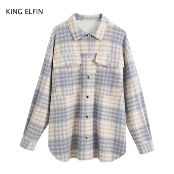 

KING ELFIN fashion Za shirt women 2020 autumn casual loose lapel pocket single-breasted plaid blouse female