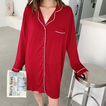 

Red Sexy V-neck Sleeping Tops Loose Long Sleeve Modal Comfortable Stretch Lapel Home Wear Black Nightdress Women Pizama Damska