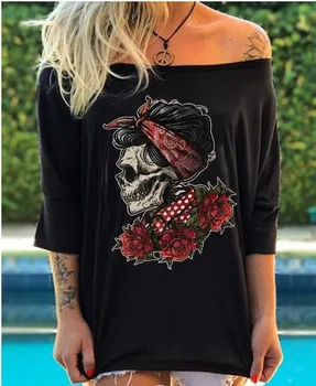 

Casual Punk Style Skull Print Rose T Shirts Summer Women Loose Slash Neck Off Shoulder Tops Tees 2020 Femme Tshirt Plus Size 3XL